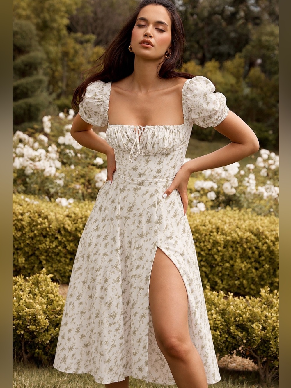 House of CB TALLULAH Garden Print Puff Sleeve Midi Sundress